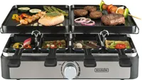 Bourgini Gourmet Raclette Grill Plus – 8 Personen – Abnehmbare und umkehrbare Grillplatten – Einstellbarer Thermostat – Inklusive 8 Pfännchen und Holzspatel