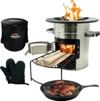 AREBOS Raketenofen Inkl. Grillpfanne aus Gusseisen mit Tragetasche Dutch Oven BBQ Rakete Holzofen Camping Campingkocher Campinggrill Campingausrüstung