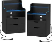 2er Set Nachttisch LED mit Steckdose,Nightstand mit 2 Schubladen ,Smart Nachtschrank Beistelltisch,Schwarz Hochglanz Kommode für Schlafzimmer 45x35x72