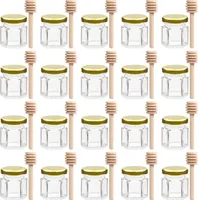 BELLE VOUS (20er-Pack) Hexagon Honigglas mit Honiglöffel aus Holz - 40 ml Honigspender Tropffrei Glas Behälter mit Deckel für Marmeladen & Gewürze -