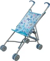 Idena - Puppenbuggy zusammenklappbar, blauer Bezug mit niedlichem Märchenmotiv, Schiebehöhe ca. 55 cm
