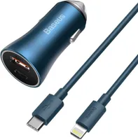 Baseus Golden Contactor Pro rýchla nabíjačka do auta USB typu C / USB 40 W Power Delivery 3.0 Quick Charge 4+ SCP FCP AFC + USB typu C - Lightning modrý kábel (TZCCJD-03)