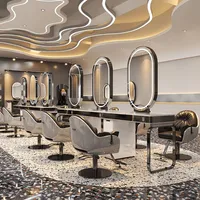 360Home Frisiertisch mit LED Spiegel Stylingstation Bedienplatz Friseursalon Schrank mit Schubladen Frisierplatz mit Edelstahlrahmen SchwarzF-6-Sitzer