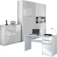 Vladon Büromöbel Arbeitszimmer komplett Set Logan,  Germany, Korpus in Weiß matt / Fronten in Weiß Hochglanz