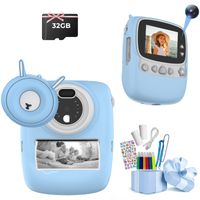 Detský fotoaparát instantný fotoaparát čiernobiely fotoaparát 1080P videokamera s 32GB kartou, 3 rolky tlačového papiera, 5 farieb akvarelové pero