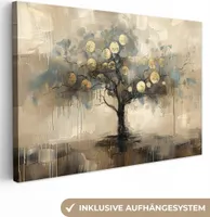 MuchoWow® - Leinwandbilder - Beige - Abstrakt - Baum - Gold, Wandbild, Wanddeko Bilder Wohnzimmer, 120x80 cm