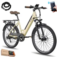 E-Bike Pannensichere Reifen 26 Zoll, Rostfreie Aluminiumlegierung bis zu 90 - 110 km, Wasserdicht IP54 mit 7 Gang und App, Gold