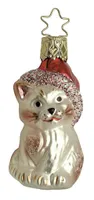 Christbaumschmuck Kätzchen mit Weihnachtsmütze Glas 7cm beige, 1 Stück