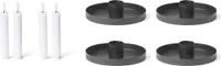 Novaliv 4er-Set Kerzenhalter Stabkerzen SCHWARZ Durchmesser 14cm mit Stabkerze Batteriebetrieben flammenlos Adventskranz candle holder weihnachtliche Tischdekoration Kerzenteller Kerzenständer