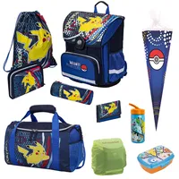 Pokemon Schulranzen für die 1. bis 4. Klasse Blaue Schultasche mit Pikachu Motiv im 10-teiligen Set mit Tüte, Dose, Flasche und großer Sporttasche
