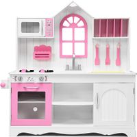 Kinderküche Holz mit Zubehör, Kinderspielküche Holzküche mit Spüle Herd Backofen Mikrowelle, Spielküche für Jungen und Mädchen ab 3 Jahren Weiß + Rosa