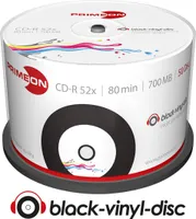 Primeon CD-R 80Min/700MB/52x Cakebox (50 Disc), Black-Vinyl-disc Surface, Inkjet Printable, Schwarz