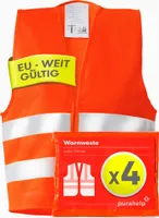 PURAHELP Warnwesten Auto 4er Set Europaweit gültig nach EN ISO 20471 - Reflektierende Warnweste Auto - Sicherheitsweste Auto Warnweste Orange