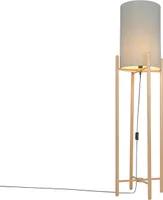 QAZQA - Landhaus I Vintage Land Stehlampe Holz mit grauem Schirm - Lengi I Wohnzimmer I Schlafzimmer - Textil Länglich I Zylinder - LED geeignet E27