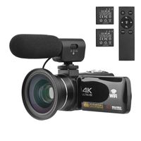 4K-Digitalvideokamera, WLAN-Camcorder, DV-Recorder, 56 MP, 18-facher Digitalzoom, 3,0-Zoll-IPS-Touchscreen, unterstuetzt Gesichtserkennung, IR-Nachtsicht, Anti-Shake, mit 2 Batterien, Fernbedienung, Tragetasche, externem Mikrofon und 0,39-fachem Weitwinkelobjektiv