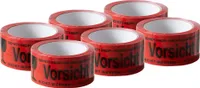 6x Klebeband " Vorsicht Glas " Packband rot Paketband PP 48 mm x 66 m Paket Band - 6 Rollen