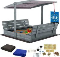 KOTARBAU® Sandkasten mit Abdeckung 140 x 140 cm Großer Grau Holzsandkasten mit Grau Dach Sandkasten mit Deckel Sandkasten mit Dach Gartenspielzeug Kinder imprägniert verschließbar mit Bänken