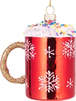 BRUBAKER Weihnachtstasse mit Streuseln - Handbemalte Weihnachtskugel aus Glas - Christbaumschmuck Figuren lustig Deko Anhänger Baumkugel - ca. 9 cm