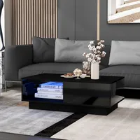 okwish Couchtisch, moderner Hochglanz-Sofatisch, Couchtisch, rechteckiger Wohnzimmertisch mit LED-Licht, Teetisch (95 x 55 x 32 cm) Schwarz