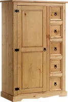 Kommode TEQUILA 5 Schubladen Natur gebeizt und gewachst. Highboard Kiefernholz massiv 2 verstellbare Einlegeböden Esszimmermöbel Zierbeschläge schwarz. Schubladenschrank Wohnzimmer Küche