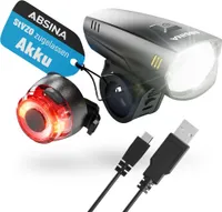 ABSINA LED Fahrradlicht Set Akku abnehmbar, StVZO zugelassen, 180 Lumen, 200m, regenfest - Fahrradbeleuchtung Fahrradlampe