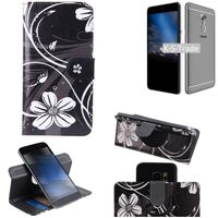 K-S-Trade Schutzhülle Handyhülle kompatibel mit Phicomm Energy 4s Hülle 360° Wallet Case ''Flowers'' Klapphülle Hülle schwarz-weiß 1x