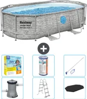 Bestway Oval Power Steel Swim Vista Swimmingpool – Steindruck – 427 x 250 x 100 – inklusive Pumpe – Leiter – Abdeckung Wartungspaket - Filter - Reinigungskit