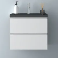 60 cm Badmöbel Set mit Weiß Matt Unterschrank mit Schwarz Mineralguss Waschtisch Waschbecken
