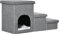 PawHut Hundetreppe, 3 Stufige Katzentreppe mit Höhle, Haustiertreppe mit Stauraum, Kissen, 3-in-1 Haustierrampe, bis 10 kg Belastbar, für Sofa, Bett, Leinen, Hellgrau