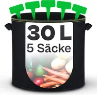 Pflanzsack 5x 30L Schwarz aus Vliesstoff mit Pflanzenschilder zum Beschriften - Mit Griff - Für Gemüse und Pflanzen