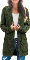 ASKSA Damen Langarm Strickjacke Mittellange Elegant Mantel Open Front Zopfstrick Sweater mit Taschen, Grün, XL