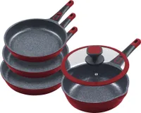 5tlg. Profi-Bratpfannenset »Moonscape 4er« ROT Bratpfannen flach (Ø20cm Ø24cm Ø28cm) + Bratpfanne tief (Ø24cm) mit Glasdeckel