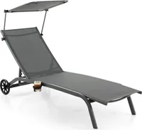 GOPLUS Sonnenliege mit Dach, Gartenliege Liegestuhl mit Rollen & Getränkehalter, Rücklehne 6 stufig verstellbar, bis zu 150kg , 165x61x96cm (Grau)