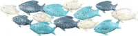 Wandskulptur Fische L74cm Wandbild Blau Grau Creme Maritim Wanddeko Metalldeko Fischschwarm Metall Deko Industrial Wandkunst Design