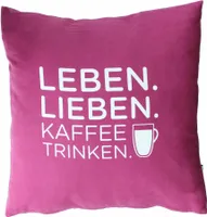 Nescafé Dolce Gusto Kissen mit Schriftzug Leben Lieben Kaffee Trinken, Polyester, Pink, ca. 40 x 40 cm