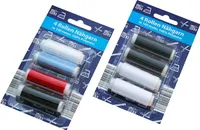 8 rolí šicí nitě na 100 m: 3 x bílá, 3 x černá, 1 x tyrkysová, 1 x červená, 100% polyester