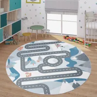 TT Home Kinder-Teppich, Spiel-Teppich Für Kinderzimmer Straßen-Motiv Mit Tieren Creme Größe Ø 160 cm Rund