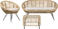 BELIANI 3-Sitzer Lounge Set Natürlich Rattan 3-Teilig Gartensofa Gartenstuhl Couchtisch mit Schwarzem Metallgestell Auflagen Hellbeige Boho Outdoor