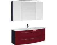 Badmöbel-Set Marlin 3040 Frontfarbe rot glanz 3-teilig mit Keramik-Waschtisch weiß BxHxT 121 x 198,2 x 51 cm mit Spiegelschrank