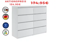 Kommode mit 8 Schubladen 120cm Sideboard Wohnzimmer Schlafzimmer Möbel Highboard Mehrzweckschrank Schrank | Matt Weiß