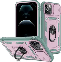 iPhone 12 Pro Max Hülle, Schiebe Kamera Schutz Robust Rüstung Stoßfest Schutzhülle mit Ringhalterung Ständer Kartenhalter für iPhone 12 Pro Max Pink