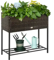 Outsunny Poly Rattan Hochbeet Blumenkasten mit Füßen Rattan Blumenkasten Blumentopf mit Ablage Braun 70 x 30 x 70 cm