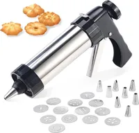 Gebäckpresse für Spritzgebäck Edelstahl Teigspritze Kekspresse Spritzgebäck Profi SpritzgebäCk Maschine Spritzgebäck Presse Gebäckpresse mit 13 Schablonen und 8 Tüclen Plätzchenpresse für Kuchen Kekse