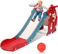 Fiqops Kinderrutsche Rutsche Gartenrutsche 4-in-1 Kinder Spielplatz mit Basketballkorb Wurfring Englisch-Lerngerät Rot