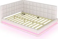 Polsterbett 140x200cm Schlafsofa (Ohne Matratze) Multifunktionsbett Hautsympathischer Samt Beige mit LED Lichtleiste USB Steckdose und Lattenrost