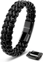 SERASAR | Lederarmband für Herren [Steel] mit doppel Edelstahl und Magnetverschluss | Farbe: Schwarz | Länge: 23cm