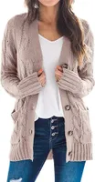 ASKSA Damen Strickjacke Strickpulli Langarm mit Taschen Knopf Pullover Casual Einfarbig Strickmantel, Rosa, L