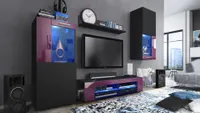 Vladon Wohnwand Movie, Anbauwand bestehend aus 1 TV-Board, 2 Vitrinen und 1 Regal, Schwarz matt/Schwarz matt/Brombeer Hochglanz, inkl. LED-Beleuchtung in Blau (Gesamt: 300 x 190 x 39 cm)