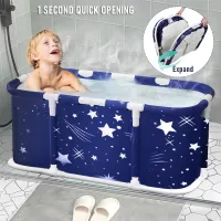 Extra große faltbare Badewanne mit Kunststoffrahmen, zusammenklappbare Badewanne, Familien-SPA-Wanne zum Duschen für Kinder und Erwachsene (Sternenblau)