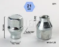 Kolová matice M12x1,25 kužel s krčkem 15,7 zavřená, klíč 21, D71, výška 34, délka krčku 6